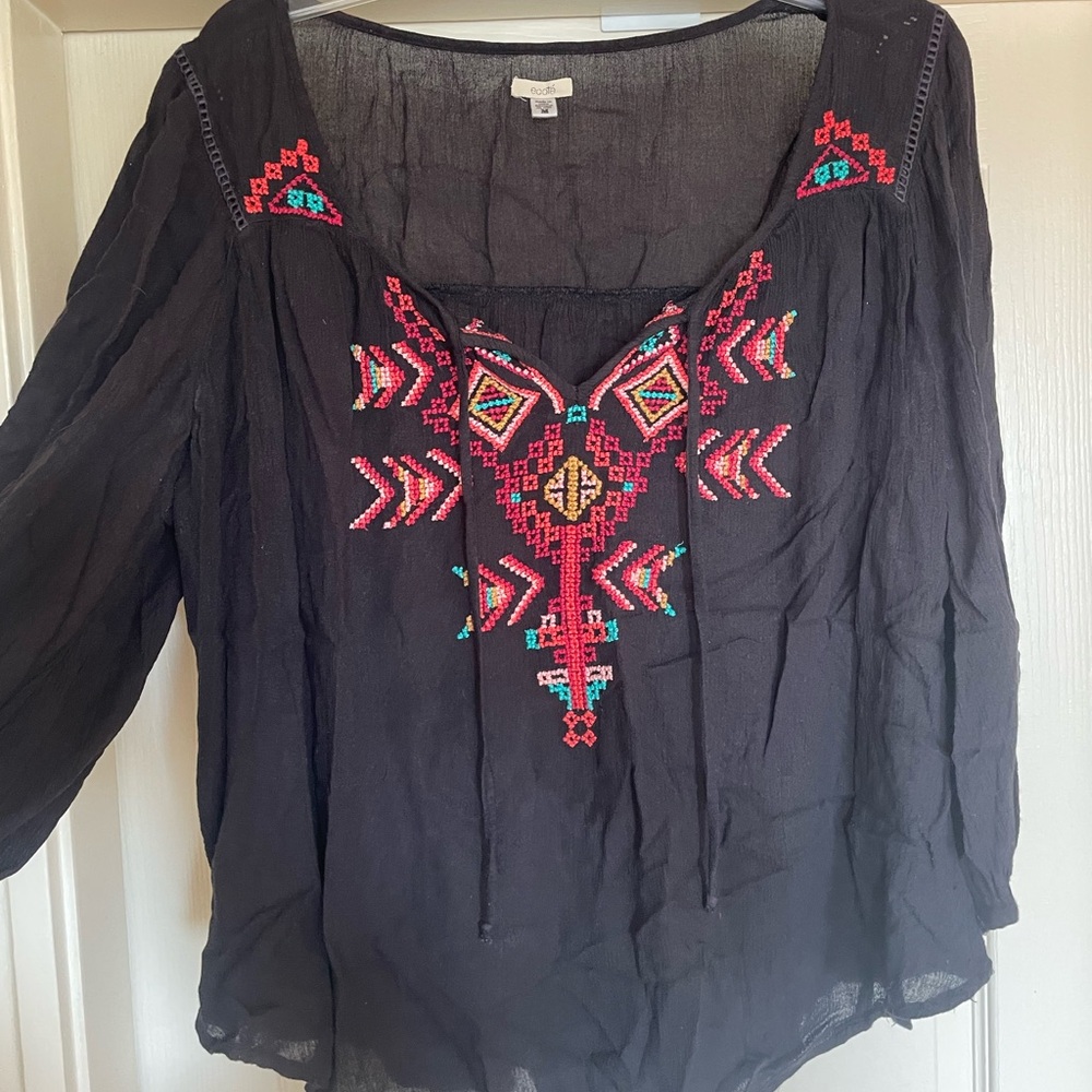 Ecote Black Blouse with Red and Teal Embroidery